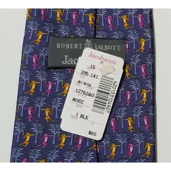 NWT Robert Talbott 100% Silk Mens Necktie Monkeys Animal Print Tie Blue - Picture 4 of 4